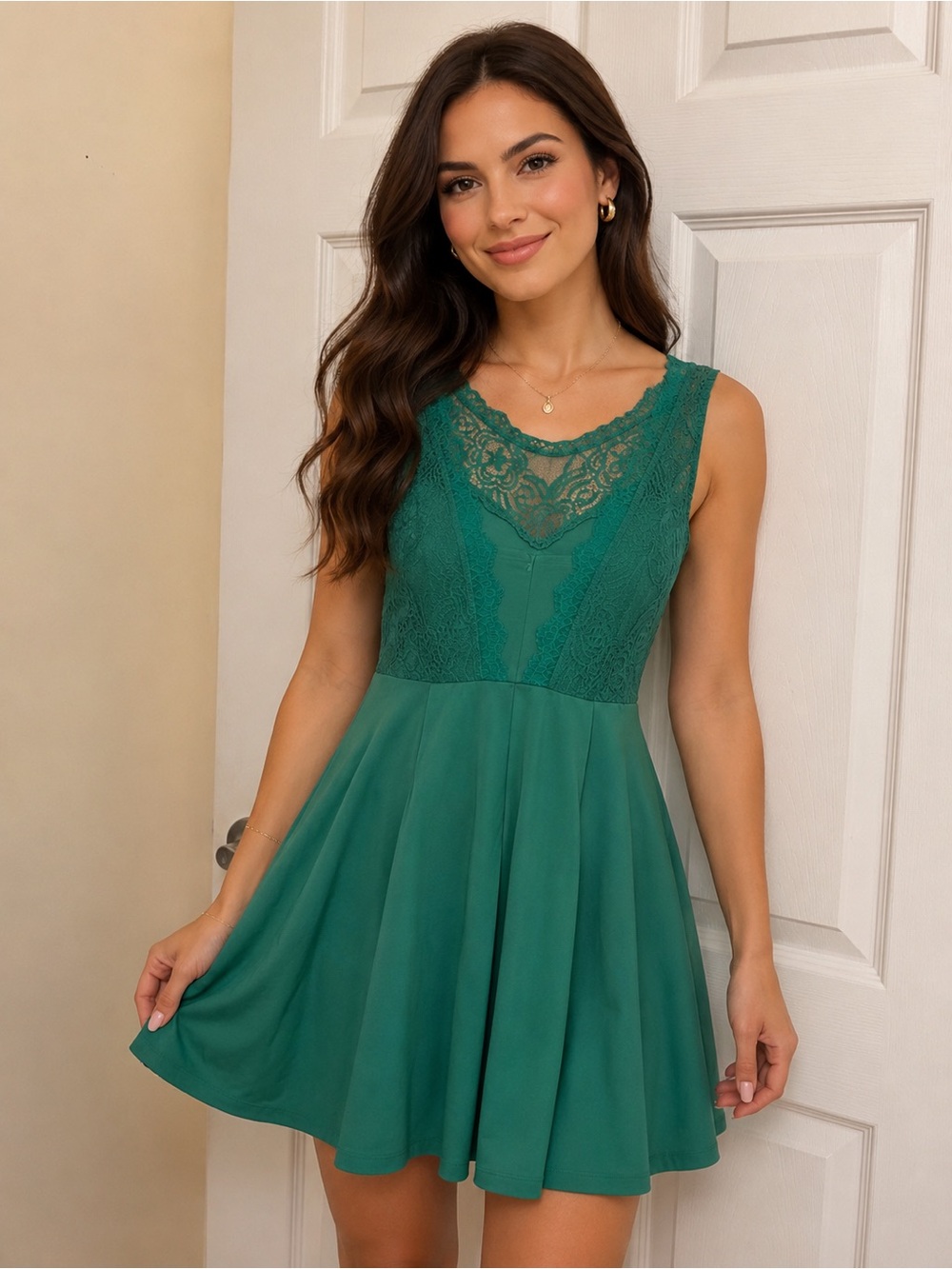 Francesca's Collections Teal Lace Yoke Mini Dress